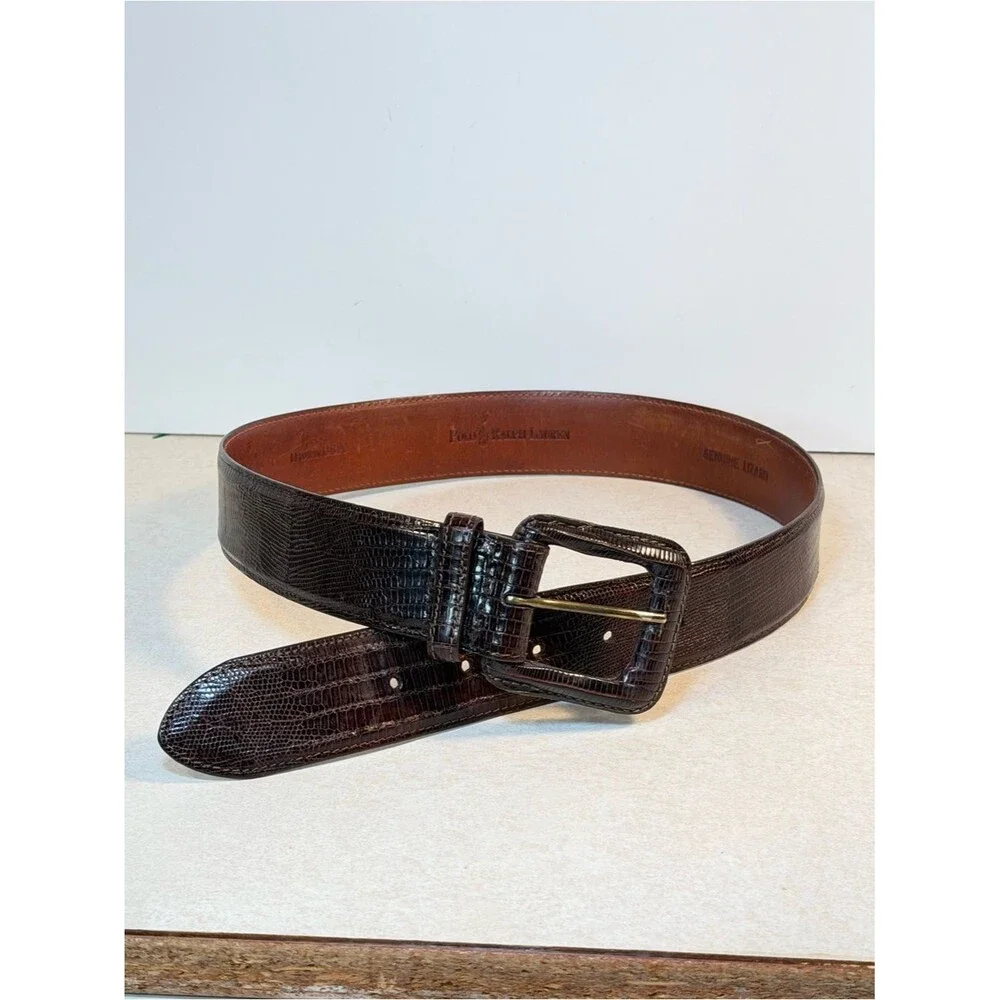 Polo RALPH LAUREN Genuine Lizard Belt & Buckle Brown USA Sz 28 Mens